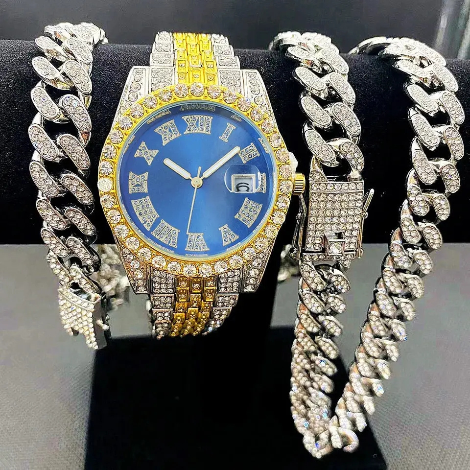 Full Iced Out Watches Mens Cuban Link Chain Bracelet Necklace Choker Bling Jewelry for Men Big Gold Chains Hip Hop Men Watch Set