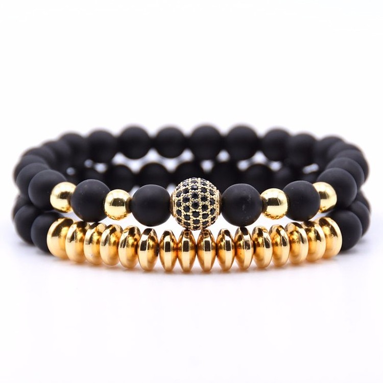 2pc/sets beads Natural stone Bracelets for women Micro Pave CZ Ball Charms Bracelet Men jewelry (KB8023)