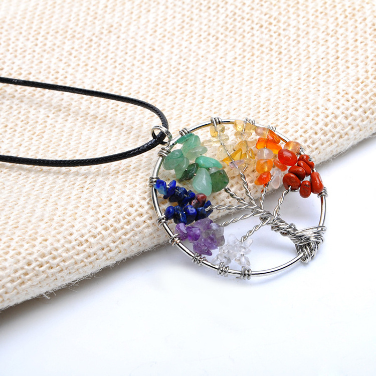 >>>Handmade Tree Pendant Necklace for Women Silver Color Crystal Natural Quartz Stone Necklace