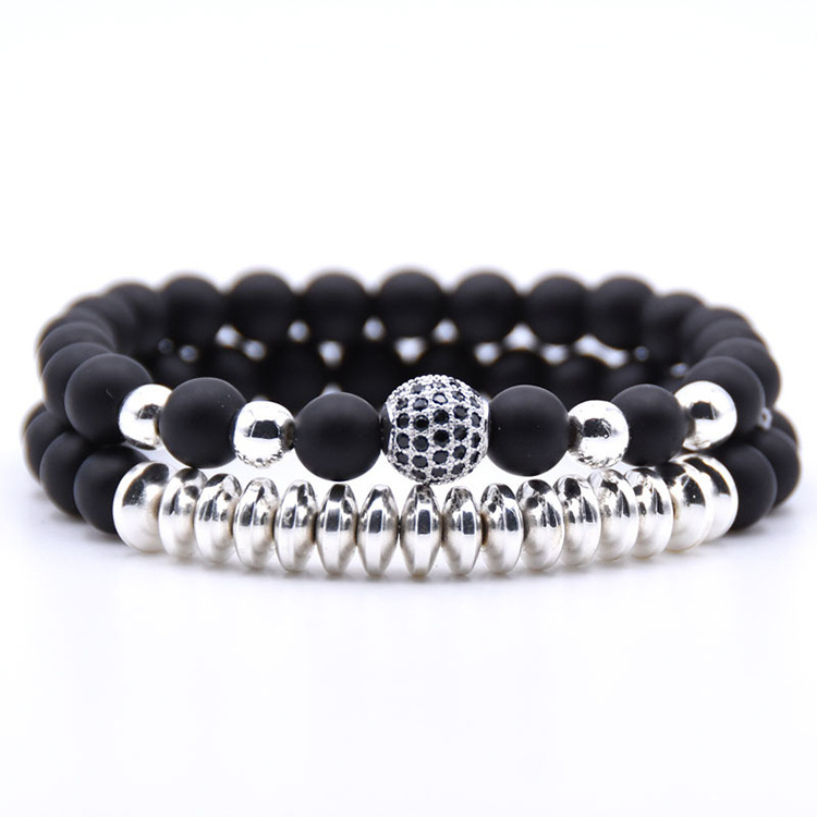 2pc/sets beads Natural stone Bracelets for women Micro Pave CZ Ball Charms Bracelet Men jewelry (KB8023)