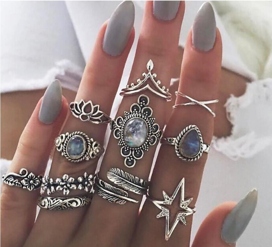 KIKI 11 pcs/Set Knuckle Rings Set For Women Feather Crown Star Crystal Hollow Lotus Flower Cross Charm Midi Finger Ring (KR039)