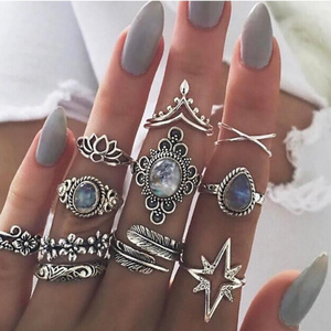 KIKI 11 pcs/Set Knuckle Rings Set For Women Feather Crown Star Crystal Hollow Lotus Flower Cross Charm Midi Finger Ring (KR039)