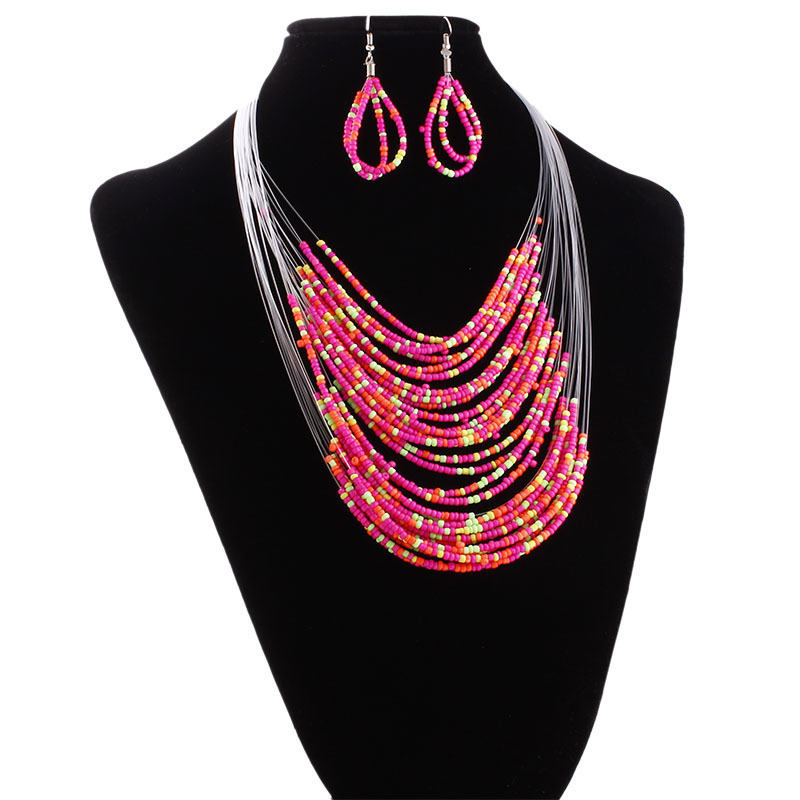 Fashion African Statement Jewelry Sets Bohemian Multilayer Colorful Resin Beads Women Necklace Earrings Set (KJ045)