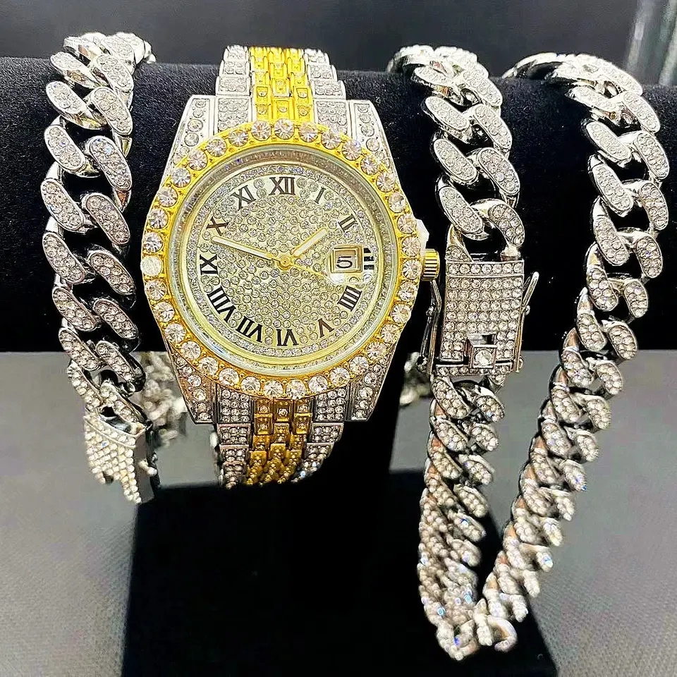 Full Iced Out Watches Mens Cuban Link Chain Bracelet Necklace Choker Bling Jewelry for Men Big Gold Chains Hip Hop Men Watch Set