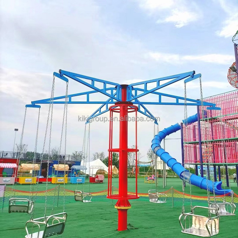 Playground equipment unpowered kids and adults play flying chair rides, swing rides for outdoor amusement park