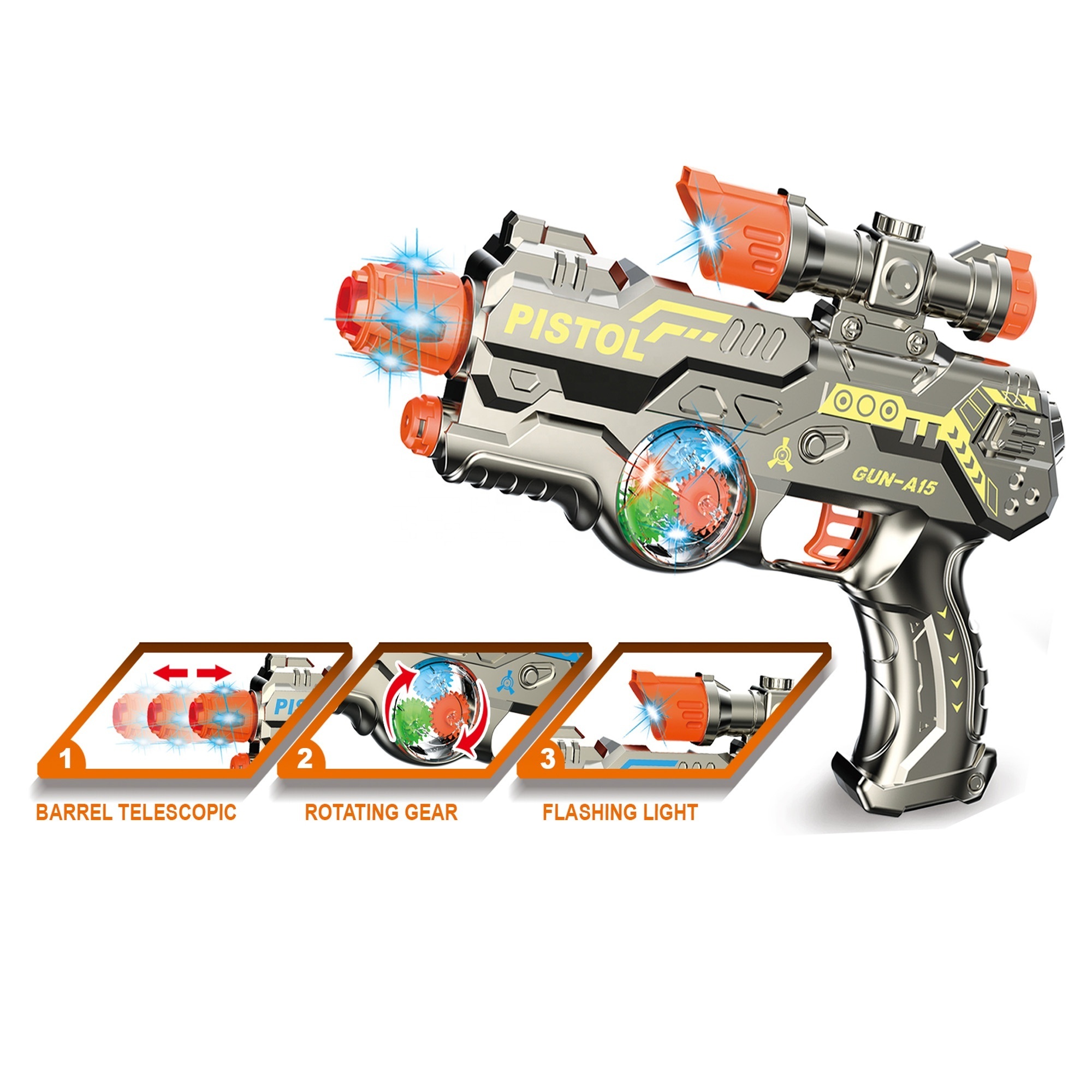 2024  NEW 27CM GEAR ROTATE Electric Toy Gun;Children Sound Light Vibration Gun Toy;Battery Operated Gun Toy with Light And Sound