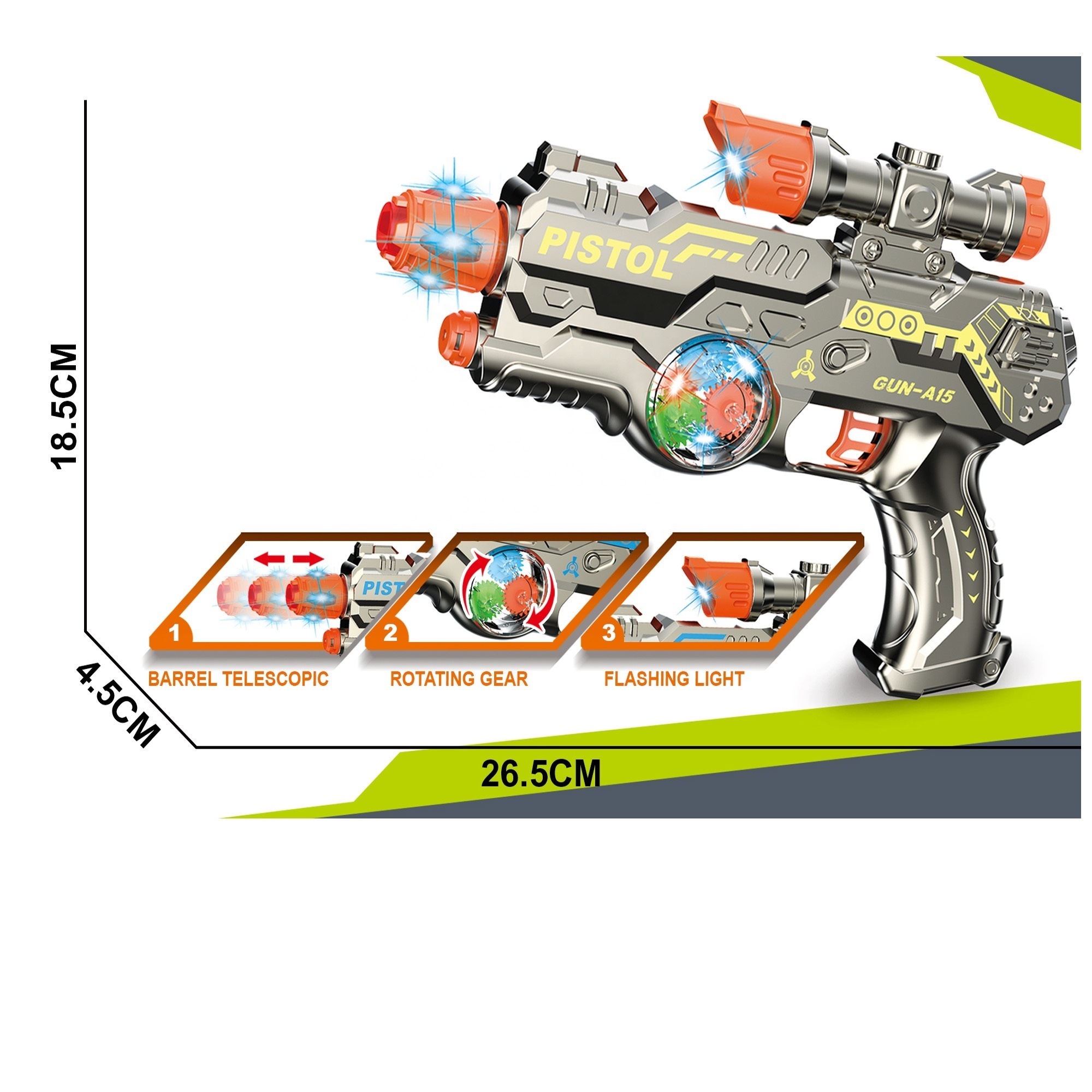 2024  NEW 27CM GEAR ROTATE Electric Toy Gun;Children Sound Light Vibration Gun Toy;Battery Operated Gun Toy with Light And Sound