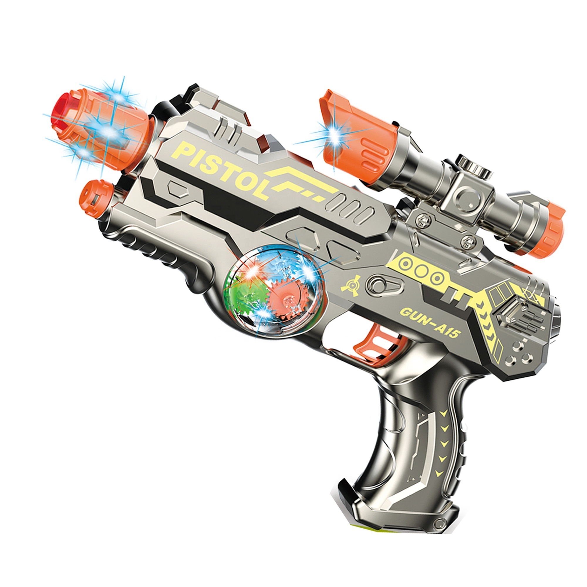 2024  NEW 27CM GEAR ROTATE Electric Toy Gun;Children Sound Light Vibration Gun Toy;Battery Operated Gun Toy with Light And Sound