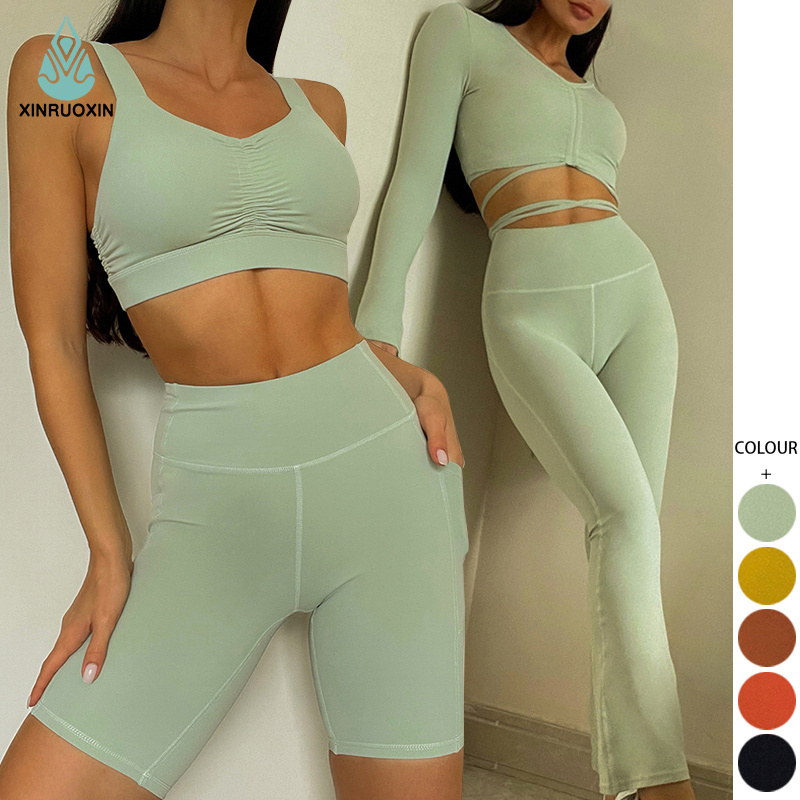 Women Gym Yoga Set SeamlessNylon naked yoga clothes women slim flared pants crinkle bra jacket shorts yoga four pieces