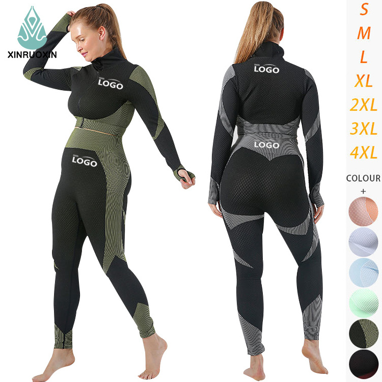 Custom Logo Women 4xl Seamless Jacket And Legging Set Plus Size Yoga Wear 3 Piece Set Activewear Gym Training Suits For Women