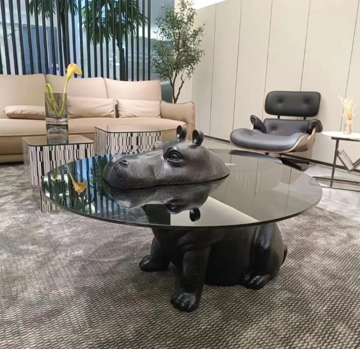 Minimal animal styling hippo shape glass coffee table central living room creative glass coffee table