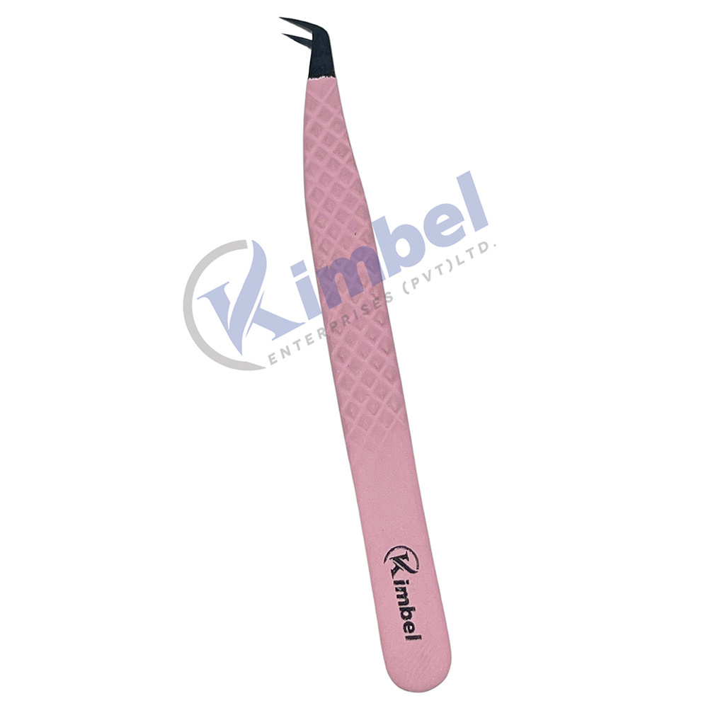 Private Label Curved Eyelash Tweezers Diamond Grip Pink Lash Extension Tweezers In Bulk