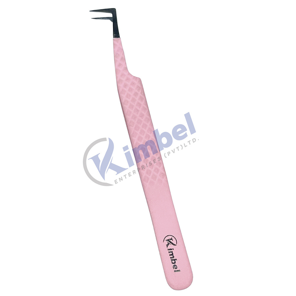 Private Label Curved Eyelash Tweezers Diamond Grip Pink Lash Extension Tweezers In Bulk