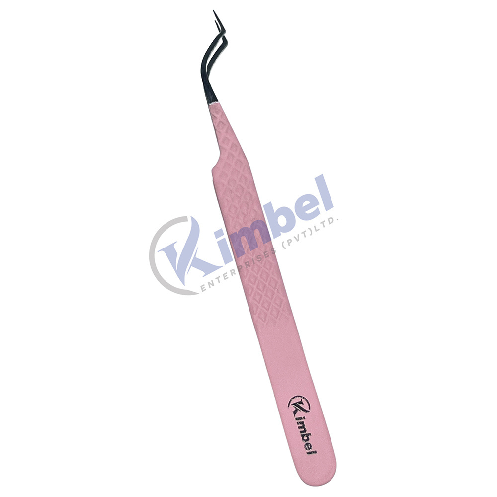 Private Label Curved Eyelash Tweezers Diamond Grip Pink Lash Extension Tweezers In Bulk