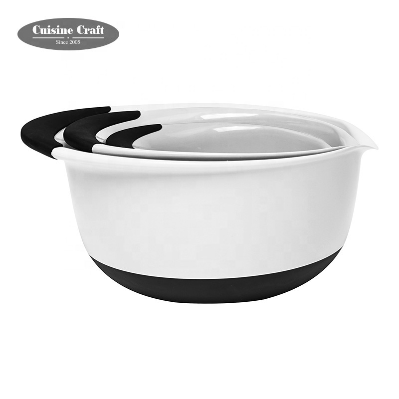 High quality 3pcs plastic nesting salad mixing bowl set with soft grip