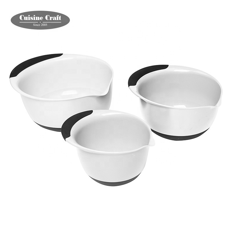 High quality 3pcs plastic nesting salad mixing bowl set with soft grip