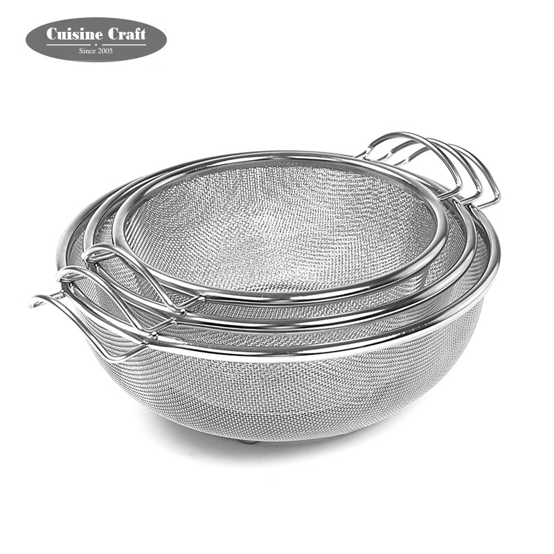 Kitchen tool set of 3 pcs stainless steel wire mesh colander