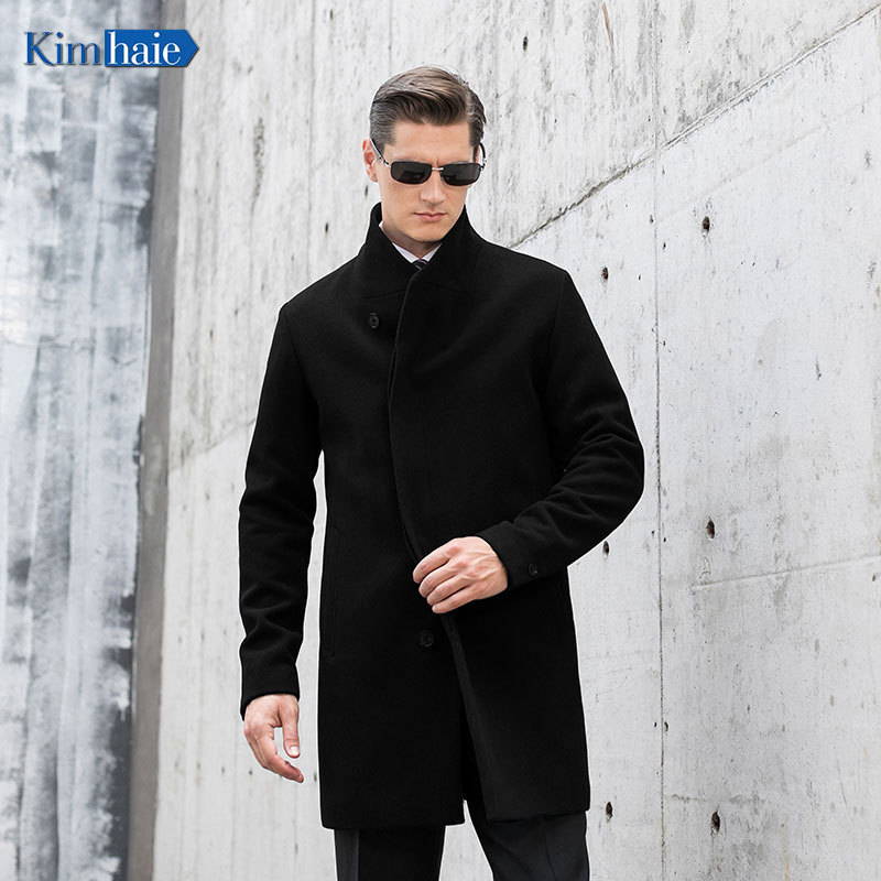 Top Quality New design men black stand collar hidden placket centre vent recycled woolen warm long fashion coat outwear coats pea coat could custom