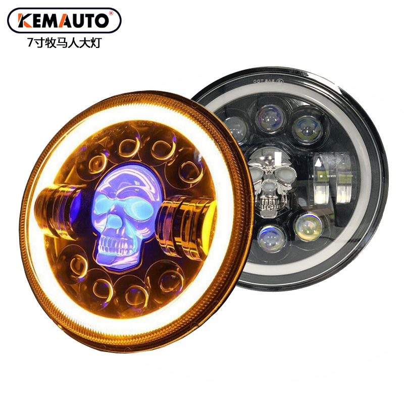 Popular Skull RGB 7 inch headlamp Halo Ring H4 daymaker 5.75 inch LED Round headlight for Jeep cars Motorcycle