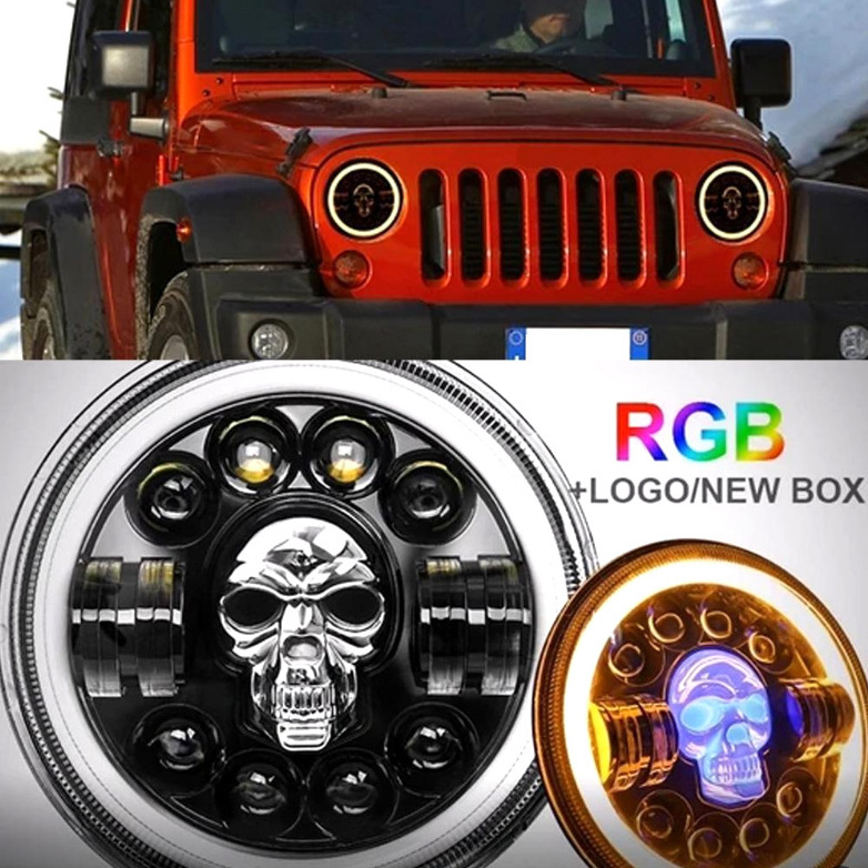 Popular Skull RGB 7 inch headlamp Halo Ring H4 daymaker 5.75 inch LED Round headlight for Jeep cars Motorcycle