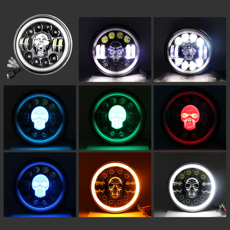 Popular Skull RGB 7 inch headlamp Halo Ring H4 daymaker 5.75 inch LED Round headlight for Jeep cars Motorcycle