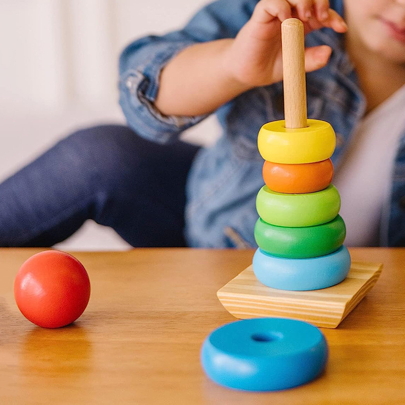 Commiki Non-Toxic Stacking Rings Toy Wooden Rainbow Stacker Toddler Learning Toys for 18 Months 2 Year Old Baby Developmental To