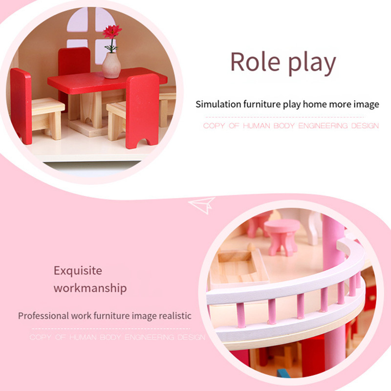 COMMIKI Three Straight Giant Doll House Pink For Girls Elsa And Anna 1/12 Scale Doll House Big Wooden Doll House