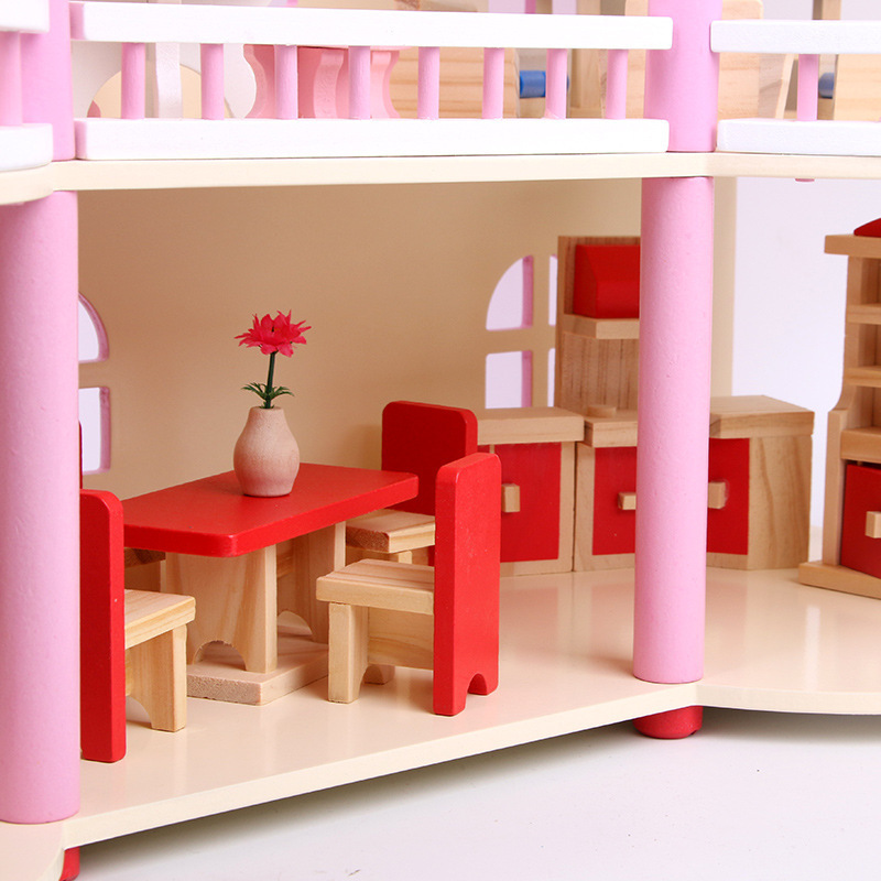 COMMIKI Three Straight Giant Doll House Pink For Girls Elsa And Anna 1/12 Scale Doll House Big Wooden Doll House