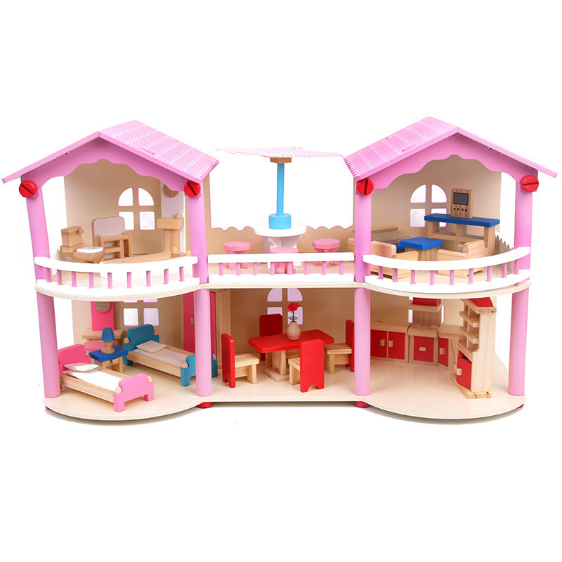 COMMIKI Three Straight Giant Doll House Pink For Girls Elsa And Anna 1/12 Scale Doll House Big Wooden Doll House