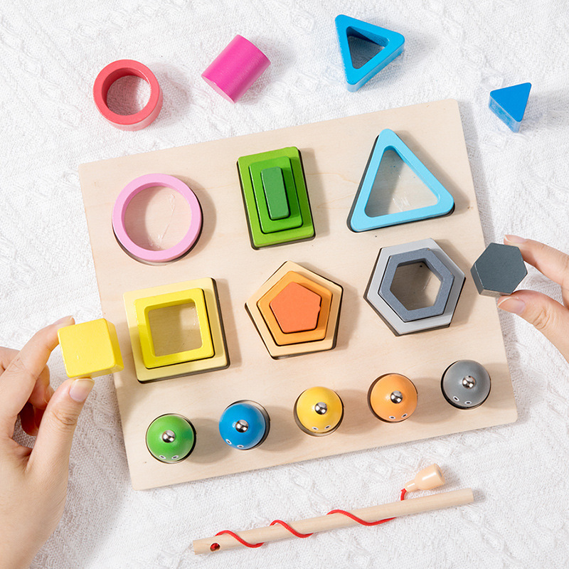 COMMIKI Montessori Wooden Toys Rainbow Blocks Kid Learning 6 Wood Block Set For Kids Wooden Pattern Blocks