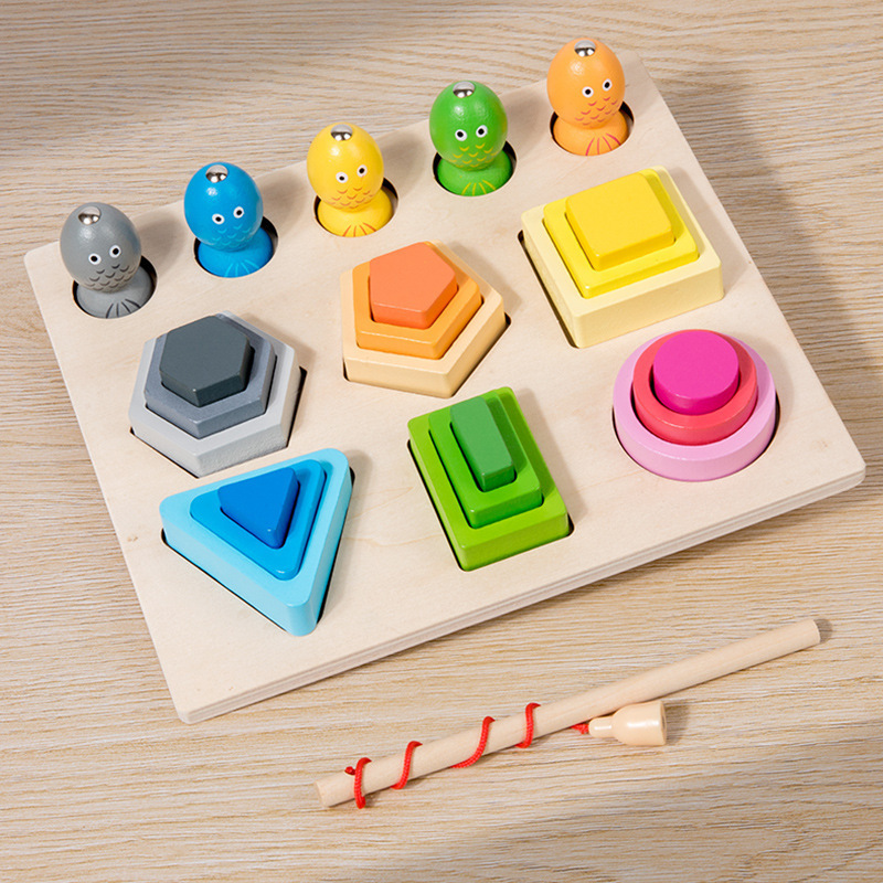 COMMIKI Montessori Wooden Toys Rainbow Blocks Kid Learning 6 Wood Block Set For Kids Wooden Pattern Blocks