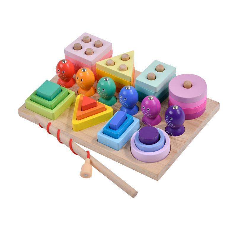 COMMIKI Montessori Wooden Toys Rainbow Blocks Kid Learning 6 Wood Block Set For Kids Wooden Pattern Blocks