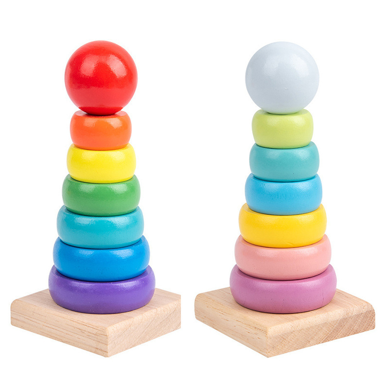 Commiki Non-Toxic Stacking Rings Toy Wooden Rainbow Stacker Toddler Learning Toys for 18 Months 2 Year Old Baby Developmental To