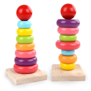 Commiki Non-Toxic Stacking Rings Toy Wooden Rainbow Stacker Toddler Learning Toys for 18 Months 2 Year Old Baby Developmental To