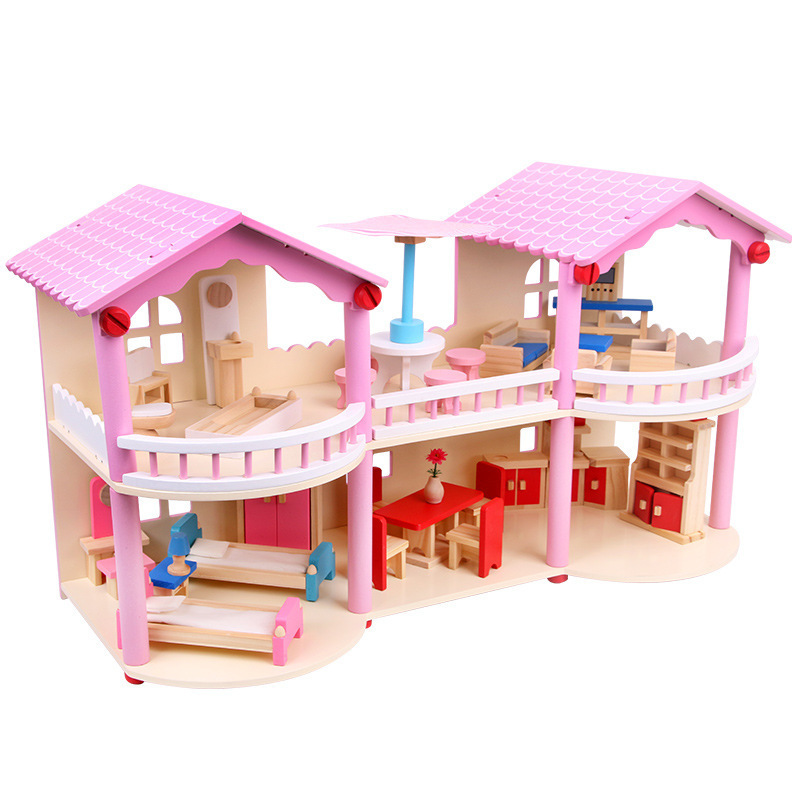 COMMIKI Three Straight Giant Doll House Pink For Girls Elsa And Anna 1/12 Scale Doll House Big Wooden Doll House