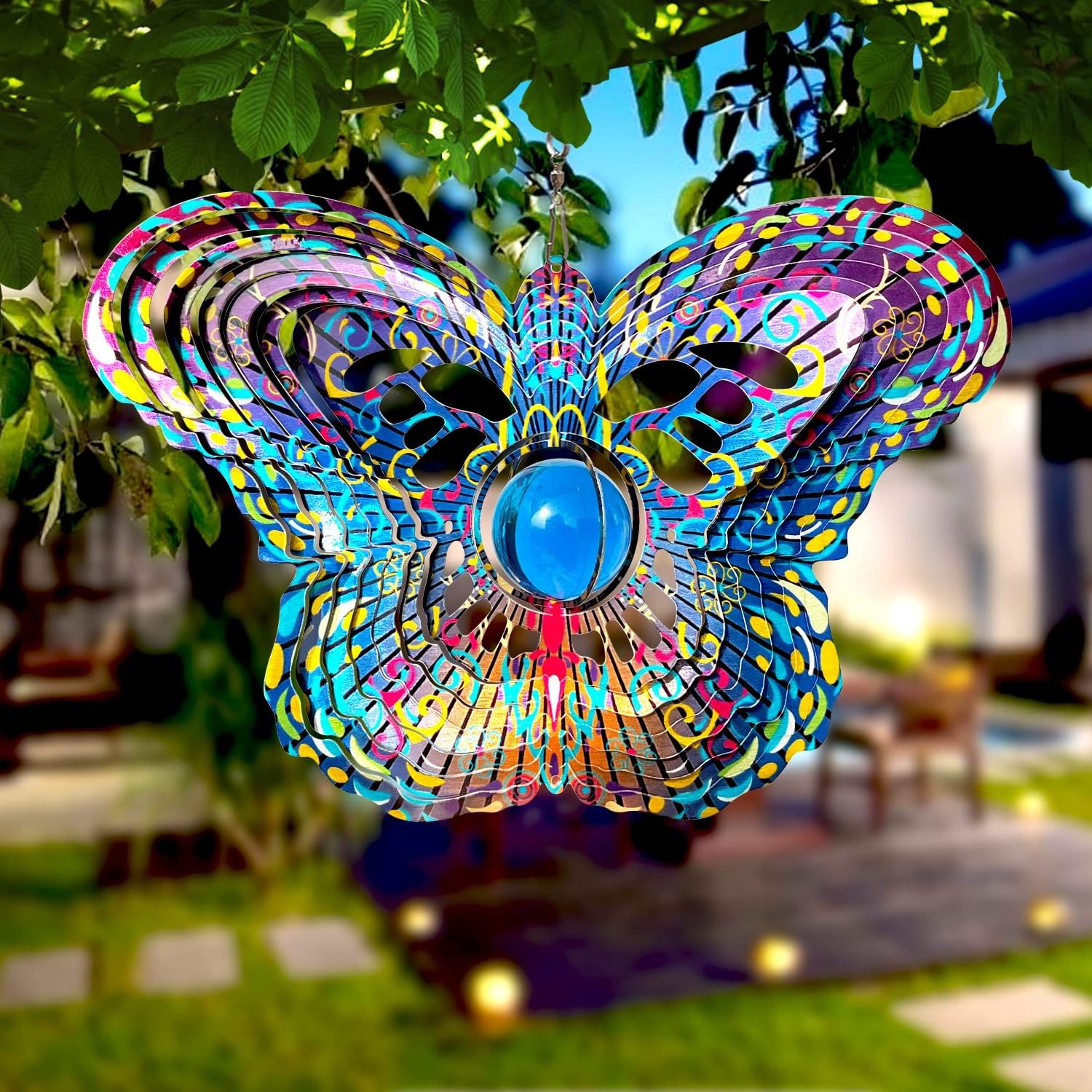 Mandala Wind Spinner w/Crystal Ball-Butterfly 3D Stainless Steel Hanging Spinners Worth Gift Christmas Decoration Indoor/Outdoor