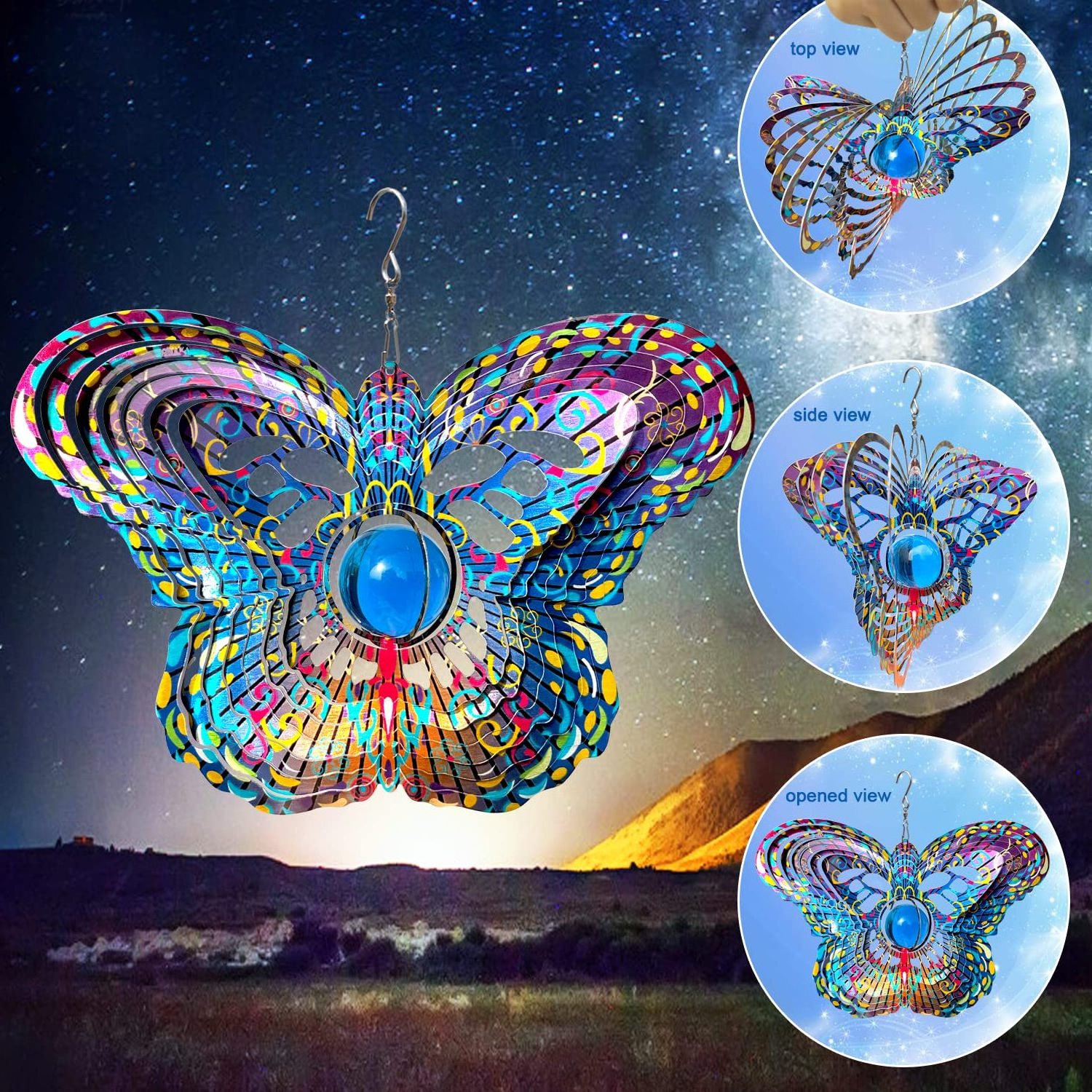 Mandala Wind Spinner w/Crystal Ball-Butterfly 3D Stainless Steel Hanging Spinners Worth Gift Christmas Decoration Indoor/Outdoor