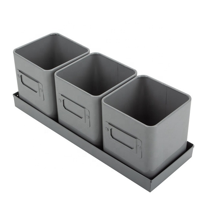 Hot Selling 3 Pieces Square Iron Indoor Flower Pot Set 3 Plant Growing Pot with Tray Tin Can Planters