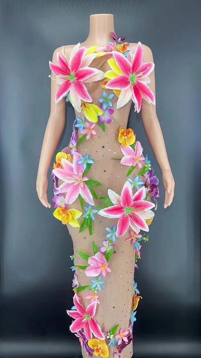 AD1139 Wholesale Clothing Vendor Flowers Beachwear Backless Sequins Transparent Dress Vestidos De Fiesta Mujer