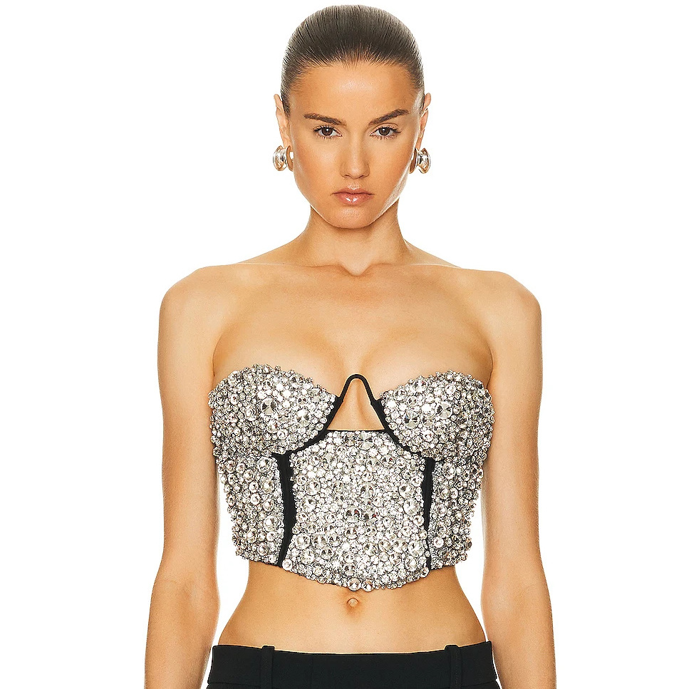 TS2250 High Quality Off Shoulder Sexy Clothes Corset Tops For Women Short Crystal Tops Rhinestone Elegant