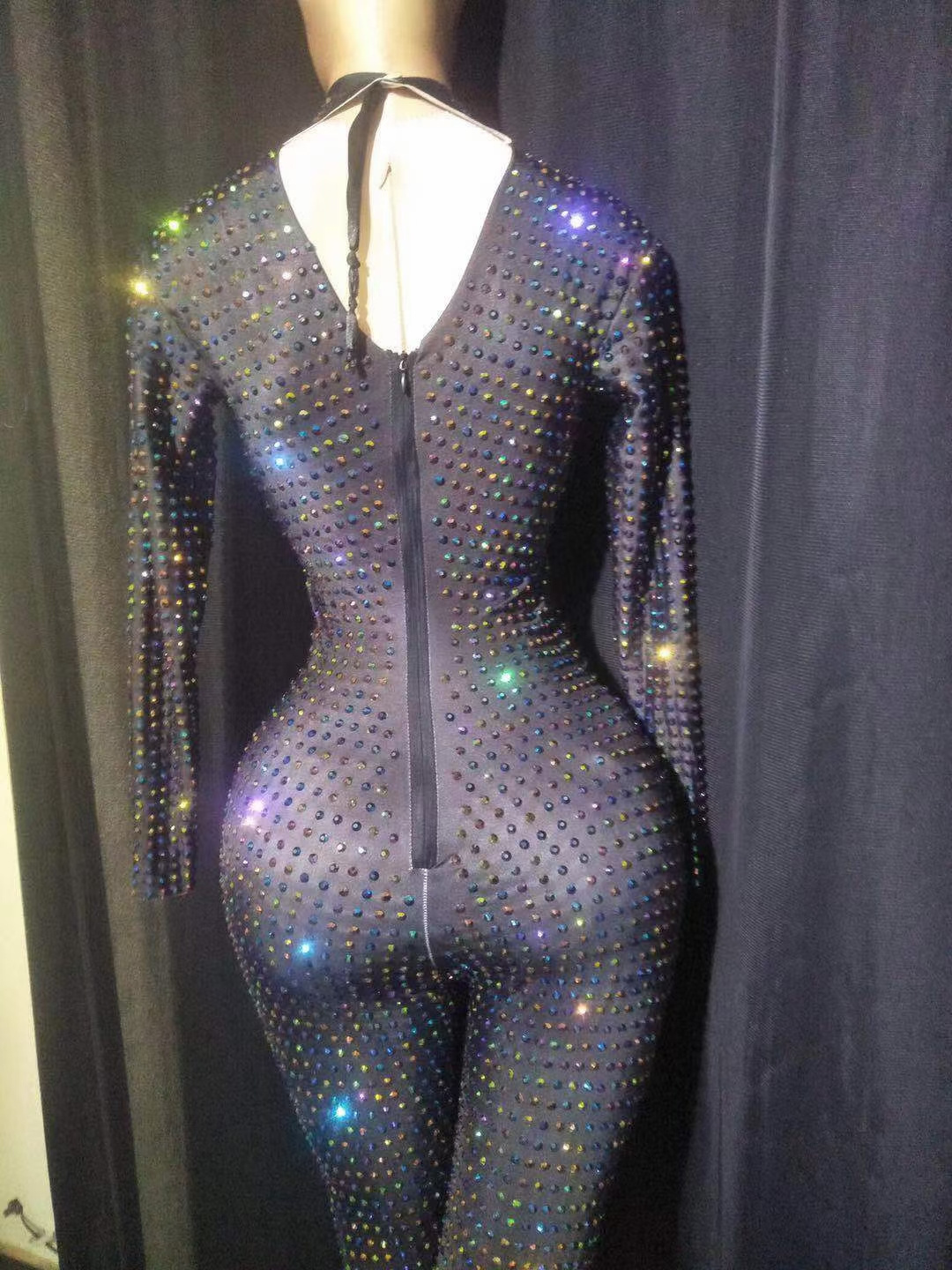 AD1367  Rhinestone Bling Womens Clothes Long Sleeve Mesh Bodysuit Quality Evening Jumpsuits Women