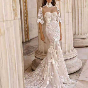 ED2178 High Quality Custom Half Sleeve High Neck Mermaid Tail Wedding Dress Bridal Gown