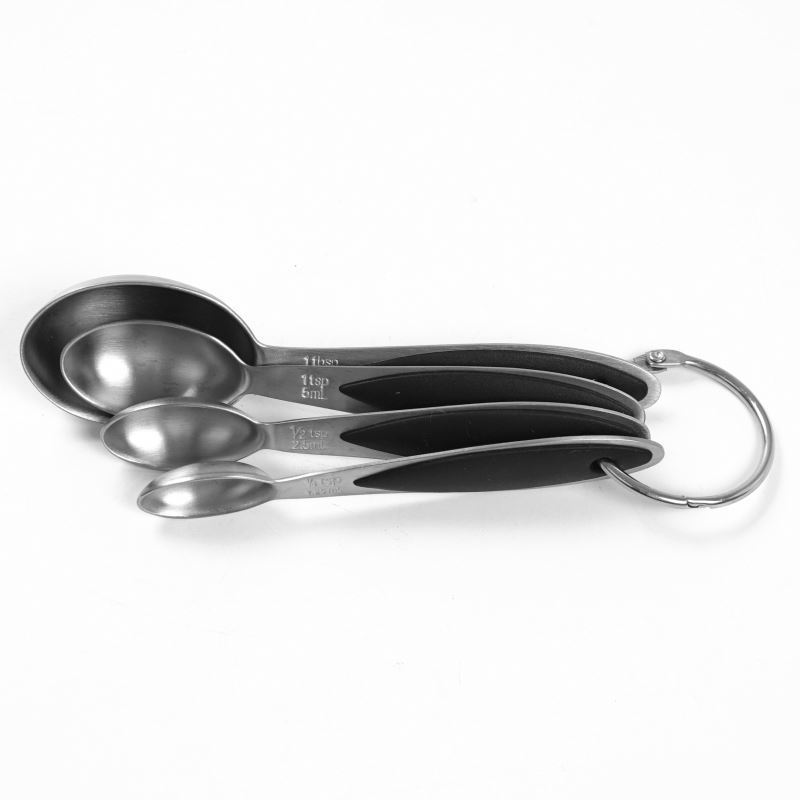 Oval head Measuring spoons set with soft touch silicone handle  and ring connector