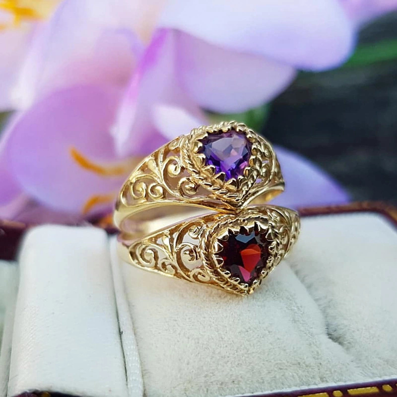 Medieval Vintage Hollow Out Pattern Ring Arm 925 Sterling Silver Diamond Heart Red Garnet Ring For Women