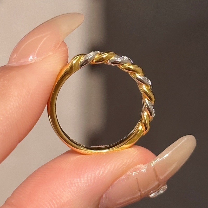 Medieval Style Sterling Silver 925 Gold Plated 18K Set Diamond Woven Twist Ring Braided For Girl