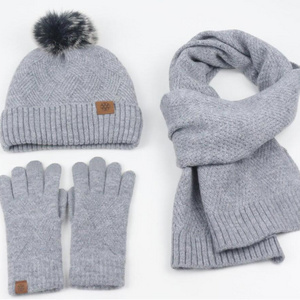 Solid blank grey winter custom warm fleece beanie gloves scarf set