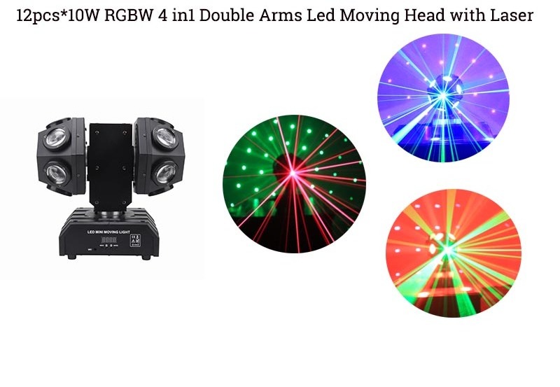 KM-MH13044 New Style Double Arm Light 12pcs 10w RGBW 4in1 Led Beam with Red Green Laser Beam Moving Effect Head Light