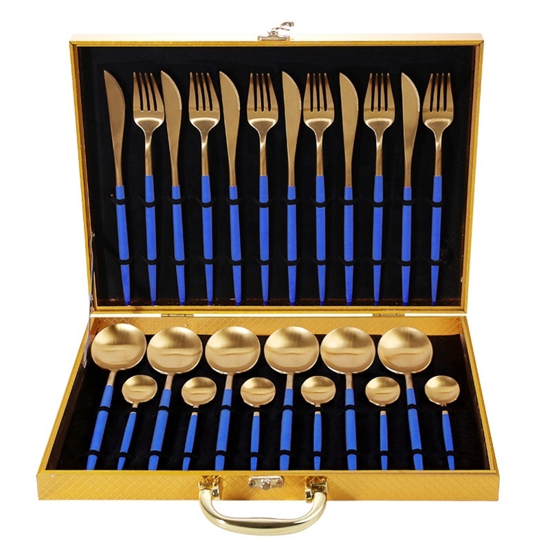 Blue gold 24pcs stainless steel cutlery set wedding silverware cuttlery fork spoon and knife set bulk gold flatware in wood box