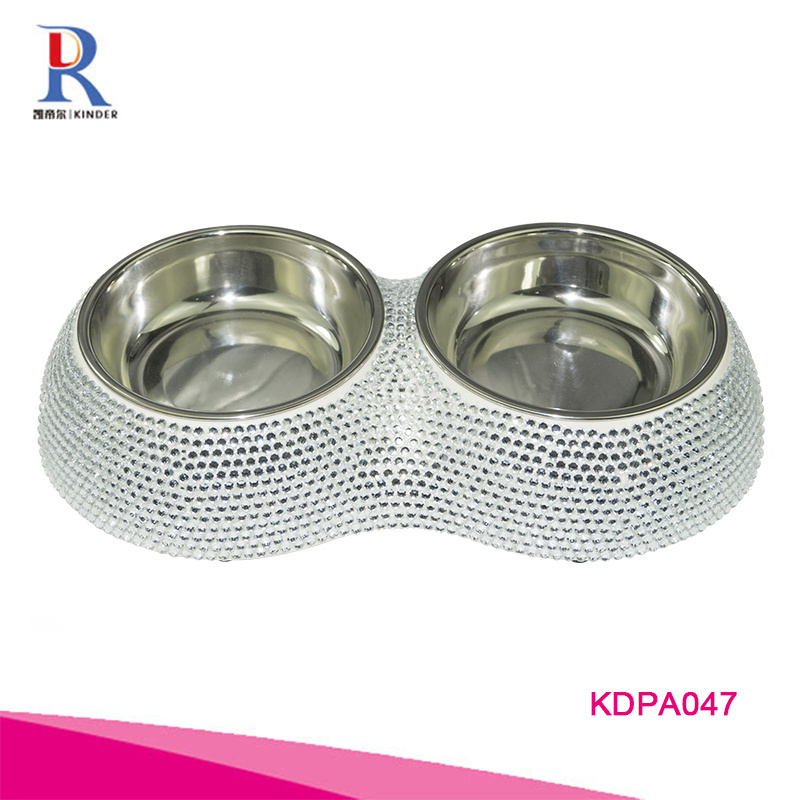 Small MOQ stocked double dog bowl crystal bling stainless steel dog bowl