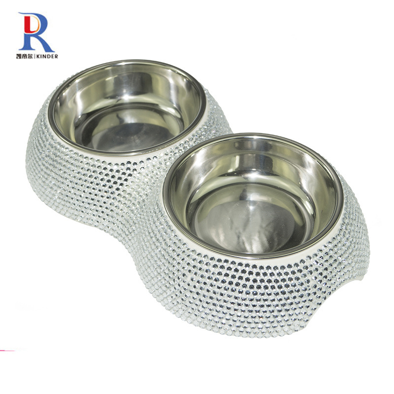 Small MOQ stocked double dog bowl crystal bling stainless steel dog bowl